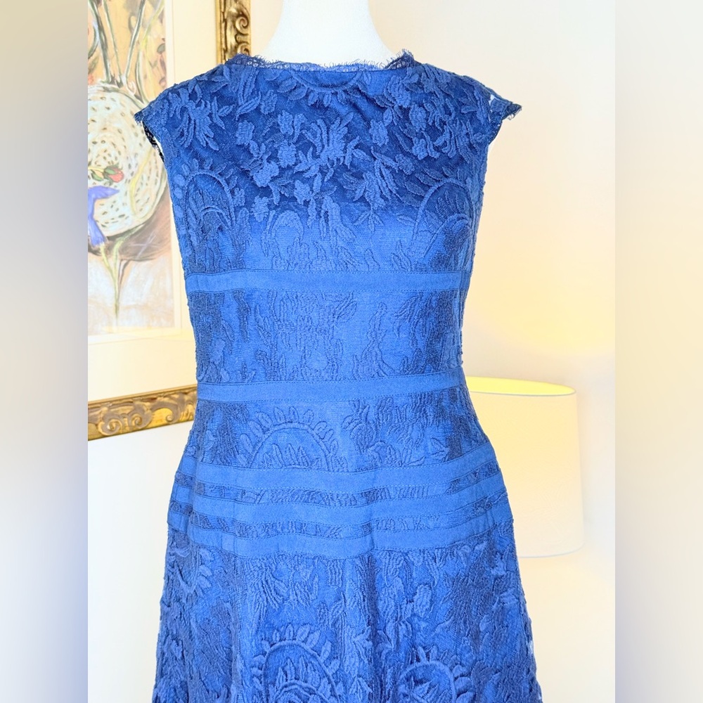 Adrianna Papell Blue Lace Fit & Flare Dress Size 8 Cocktail Party Wedding - Picture 3 of 16